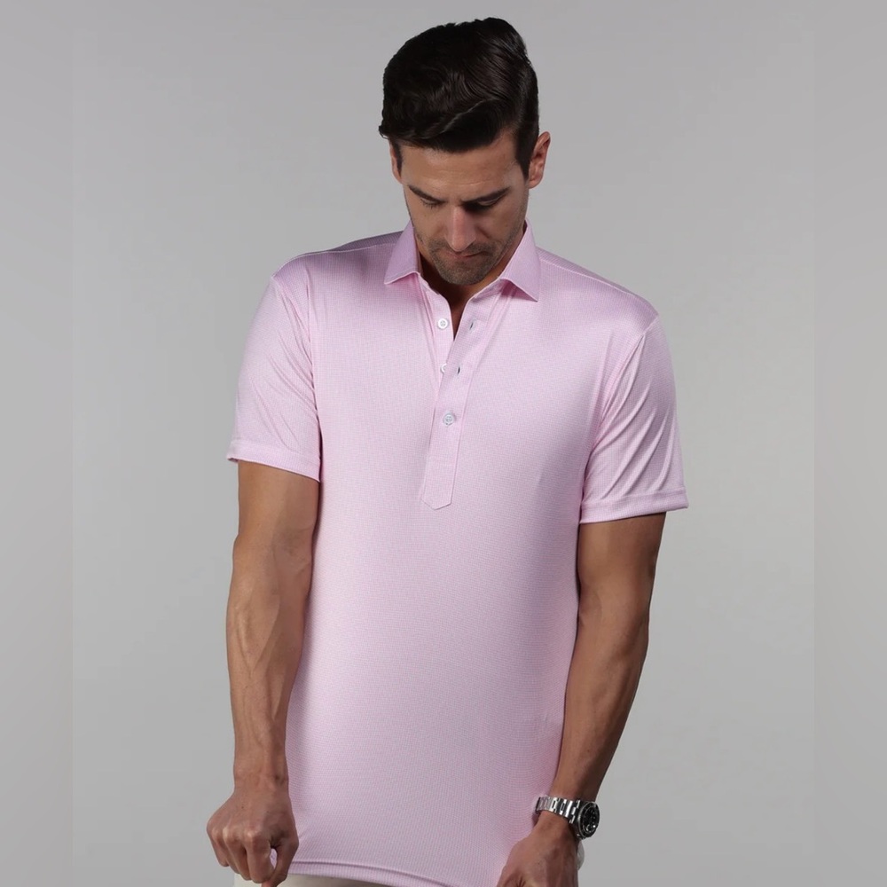 Collars & Co NWT Semi-Spread Collar Polo In Pink Houndstooth Print.  Size Large - Picture 13 of 16